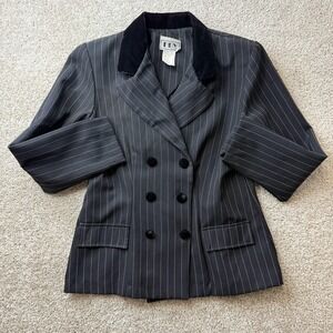 Vintage DBY Ltd. Blazer Jacket Womens 13 Black Pinstripe Velvet Collar Tuxedo